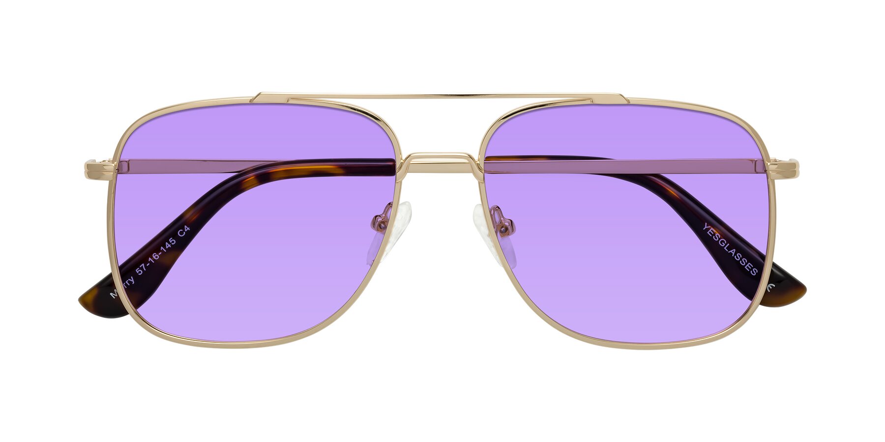 Folded Front of Merry in Gold with Medium Purple Tinted Lenses