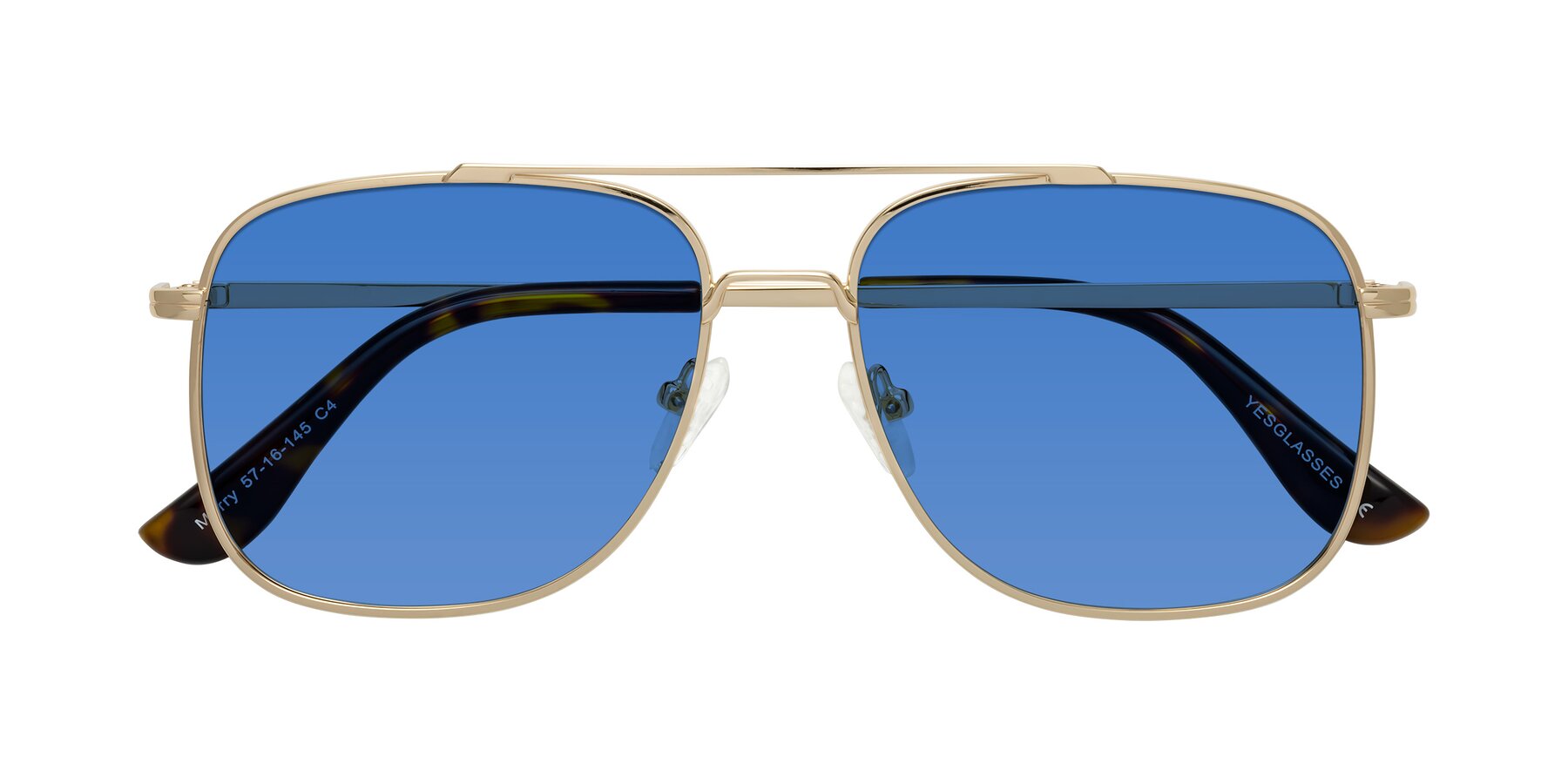 Folded Front of Merry in Gold with Blue Tinted Lenses