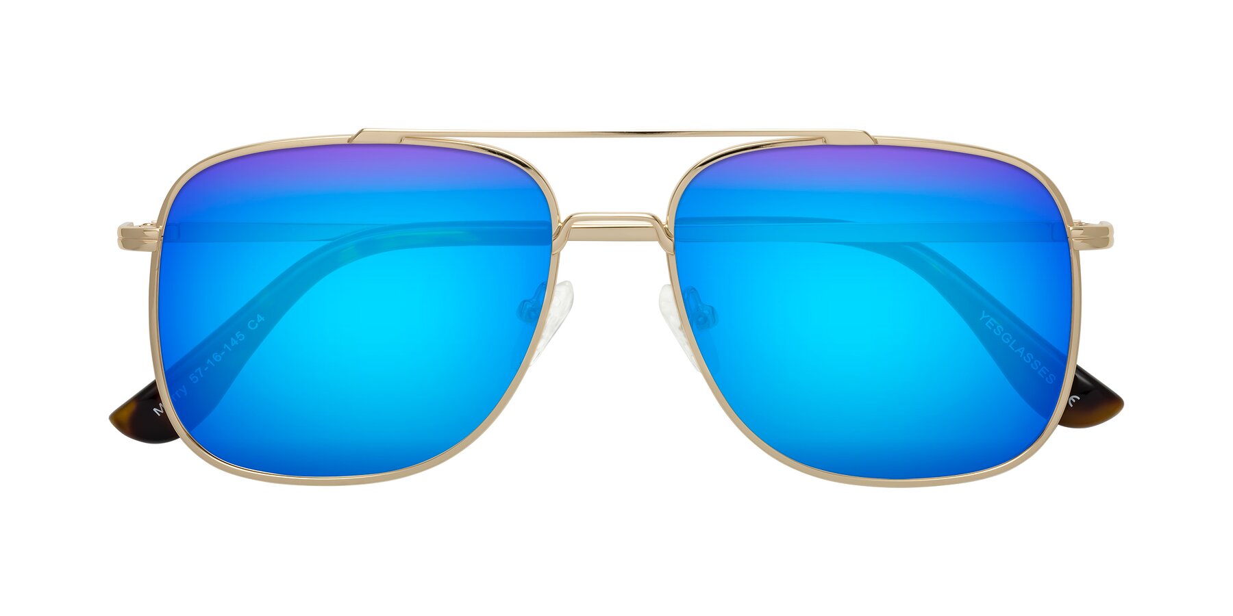 Folded Front of Merry in Gold with Blue Mirrored Lenses