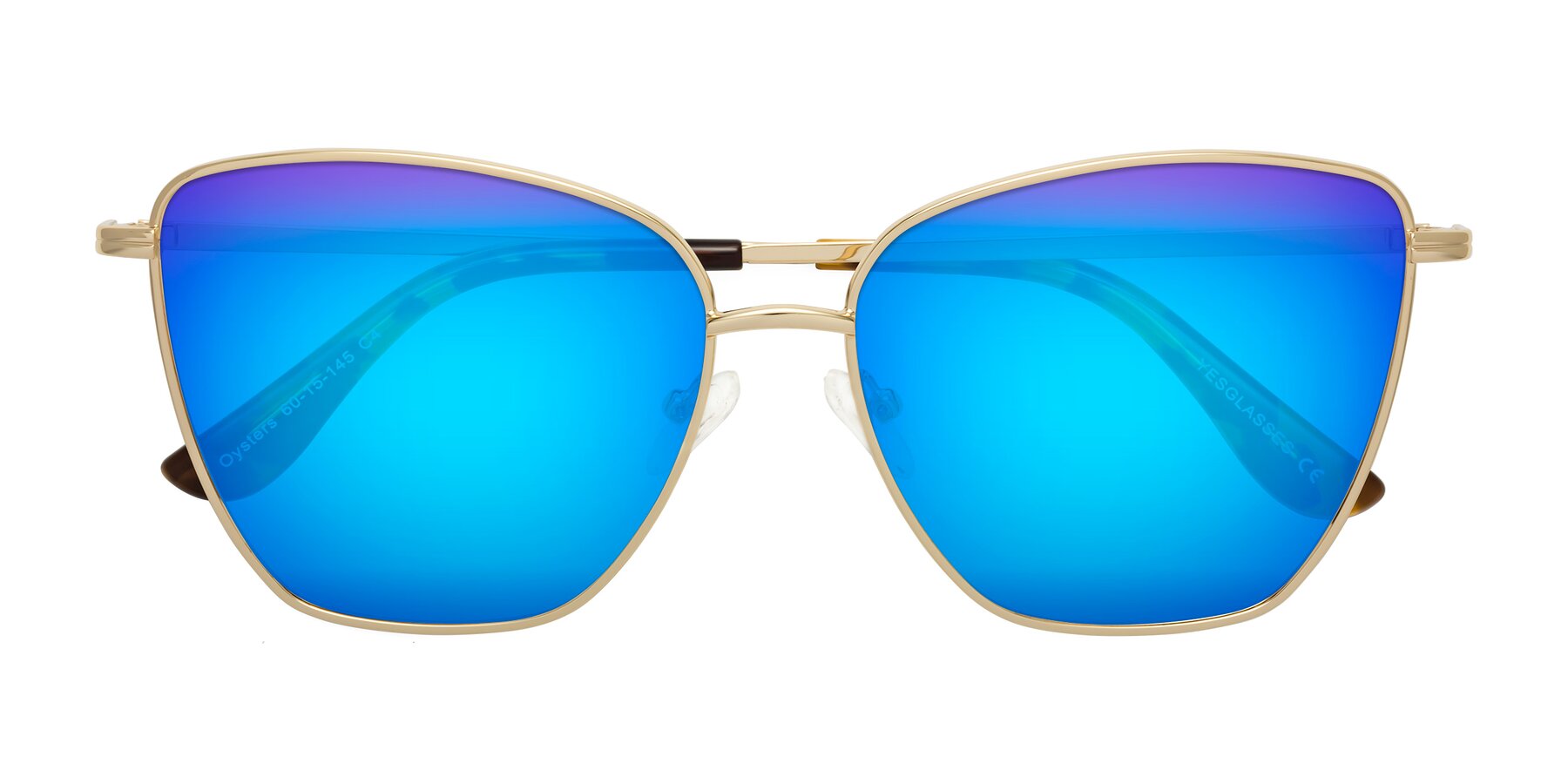 Folded Front of Oysters in Gold with Blue Mirrored Lenses