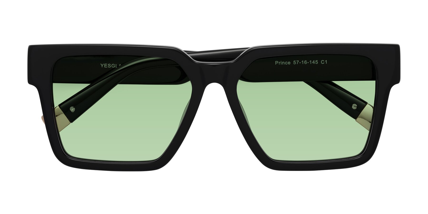 Folded Front of Prince in Black with Medium Green Tinted Lenses