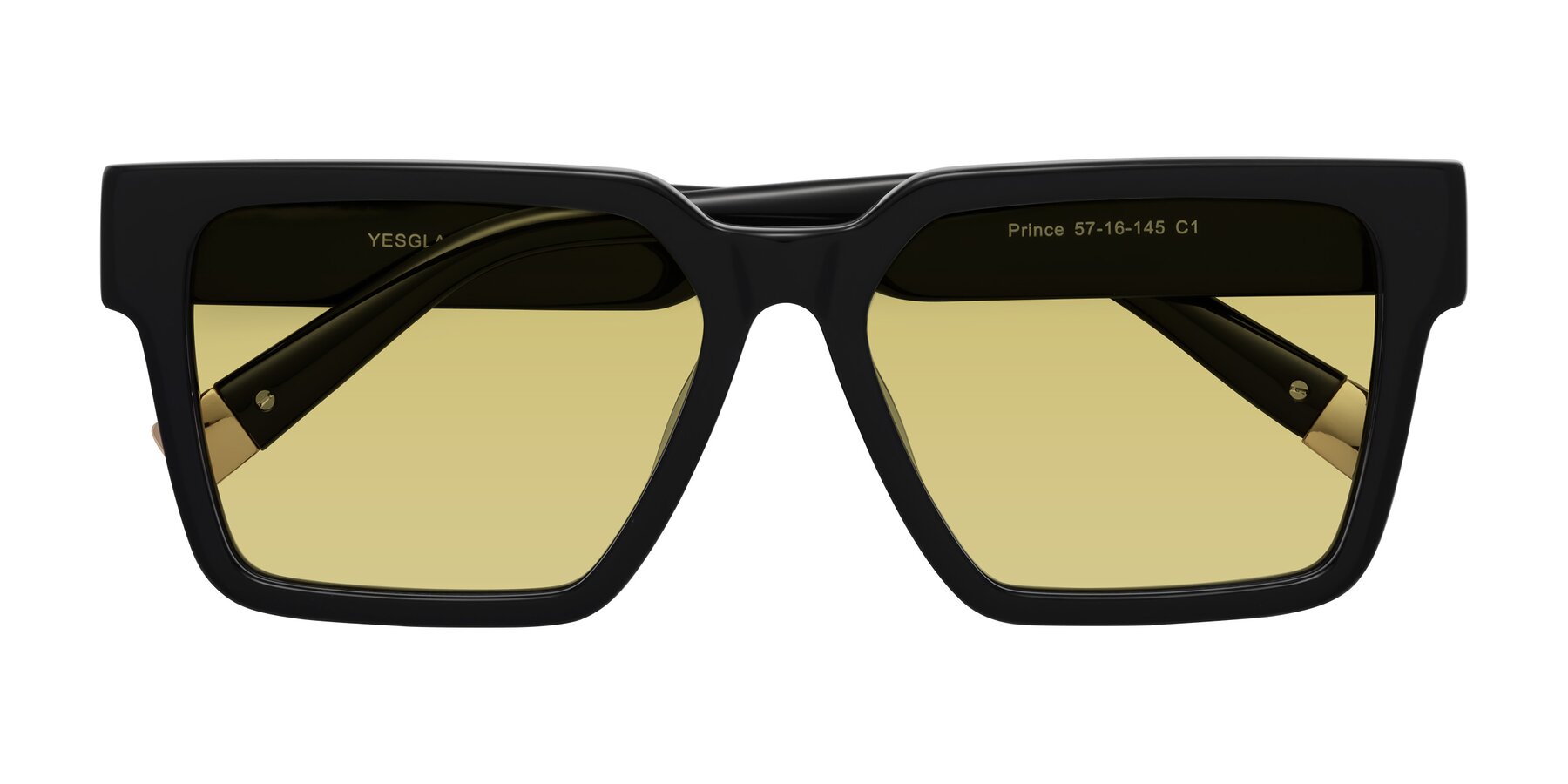 Folded Front of Prince in Black with Medium Champagne Tinted Lenses