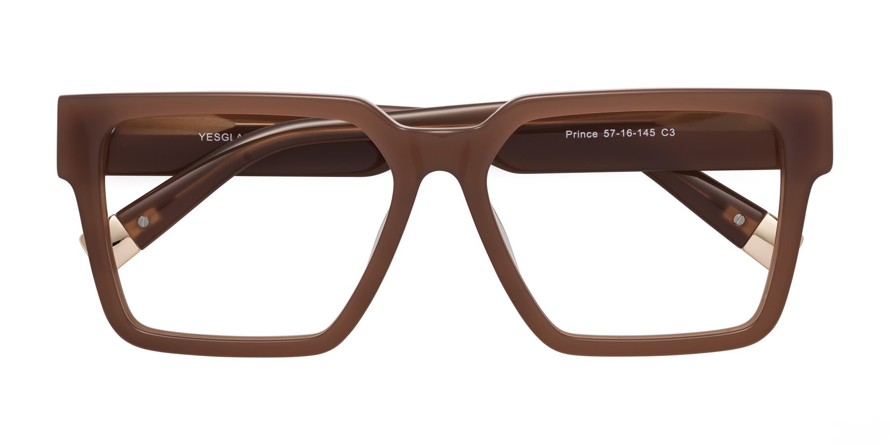 Folded Front of Prince in Caramel with Clear Eyeglass Lenses