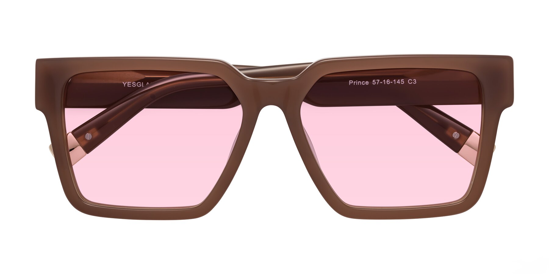 Folded Front of Prince in Caramel with Light Pink Tinted Lenses