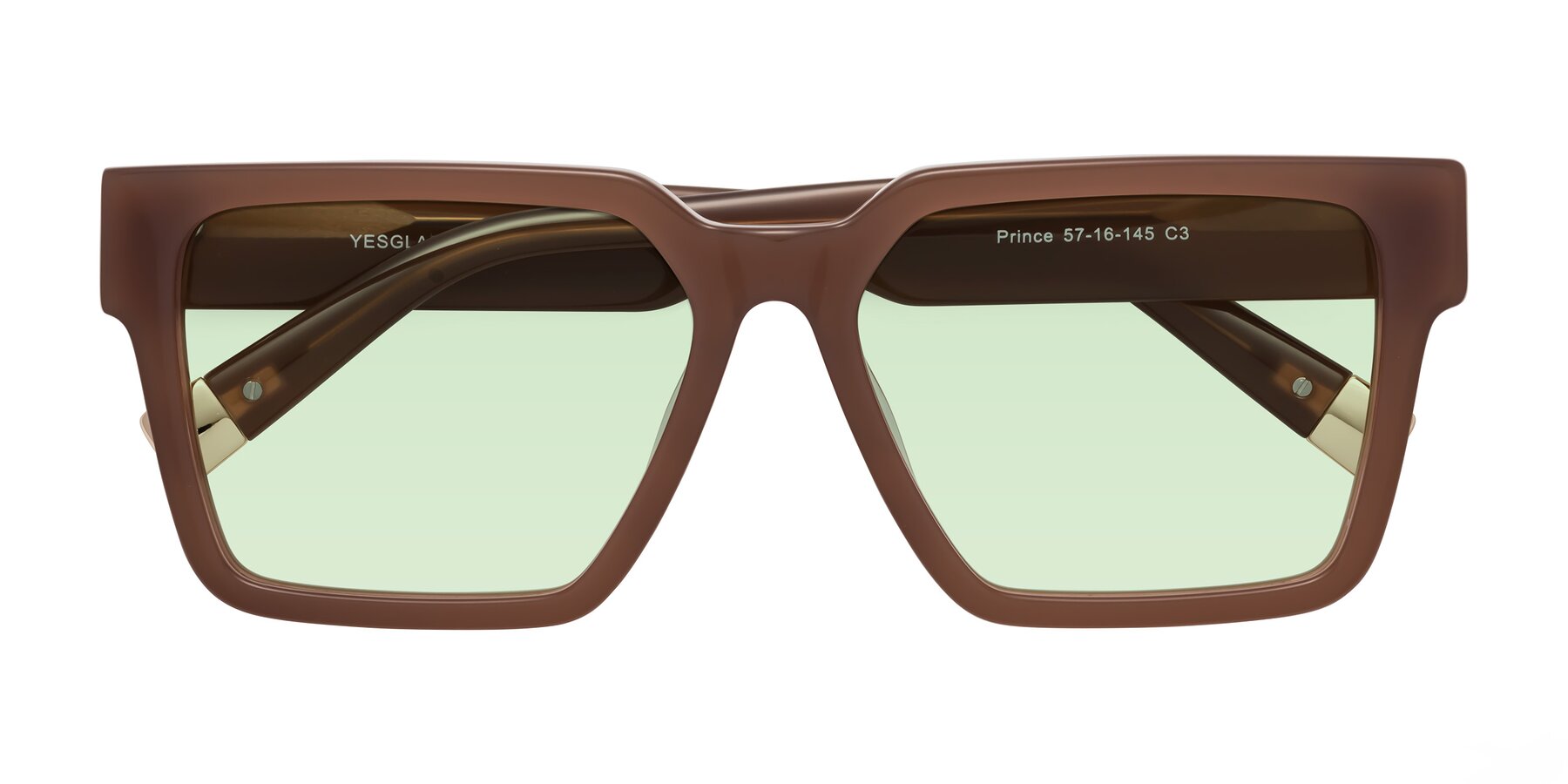 Folded Front of Prince in Caramel with Light Green Tinted Lenses