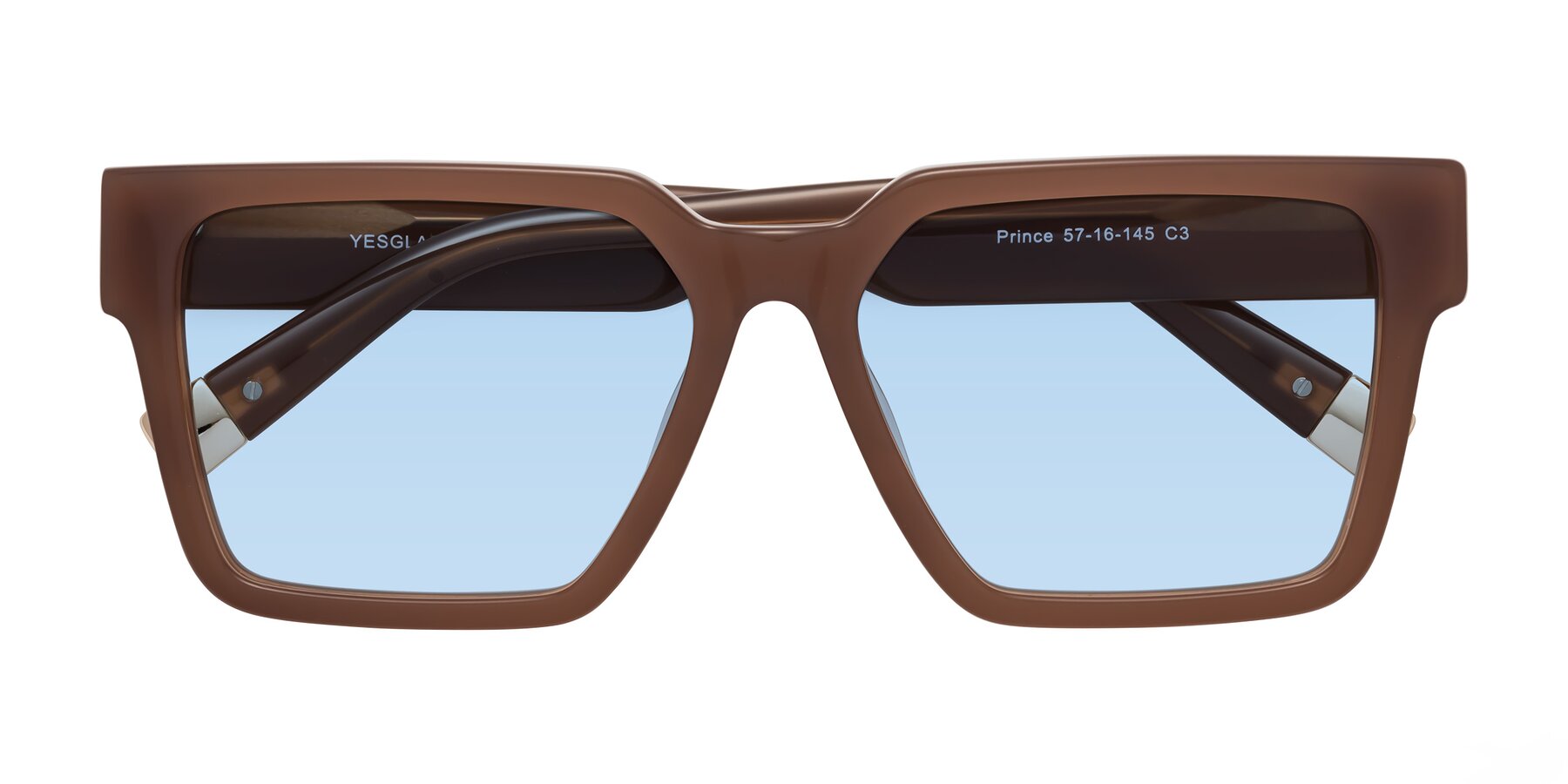 Folded Front of Prince in Caramel with Light Blue Tinted Lenses