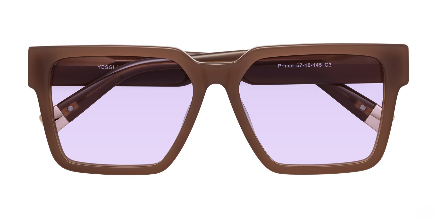 Folded Front of Prince in Caramel with Light Purple Tinted Lenses