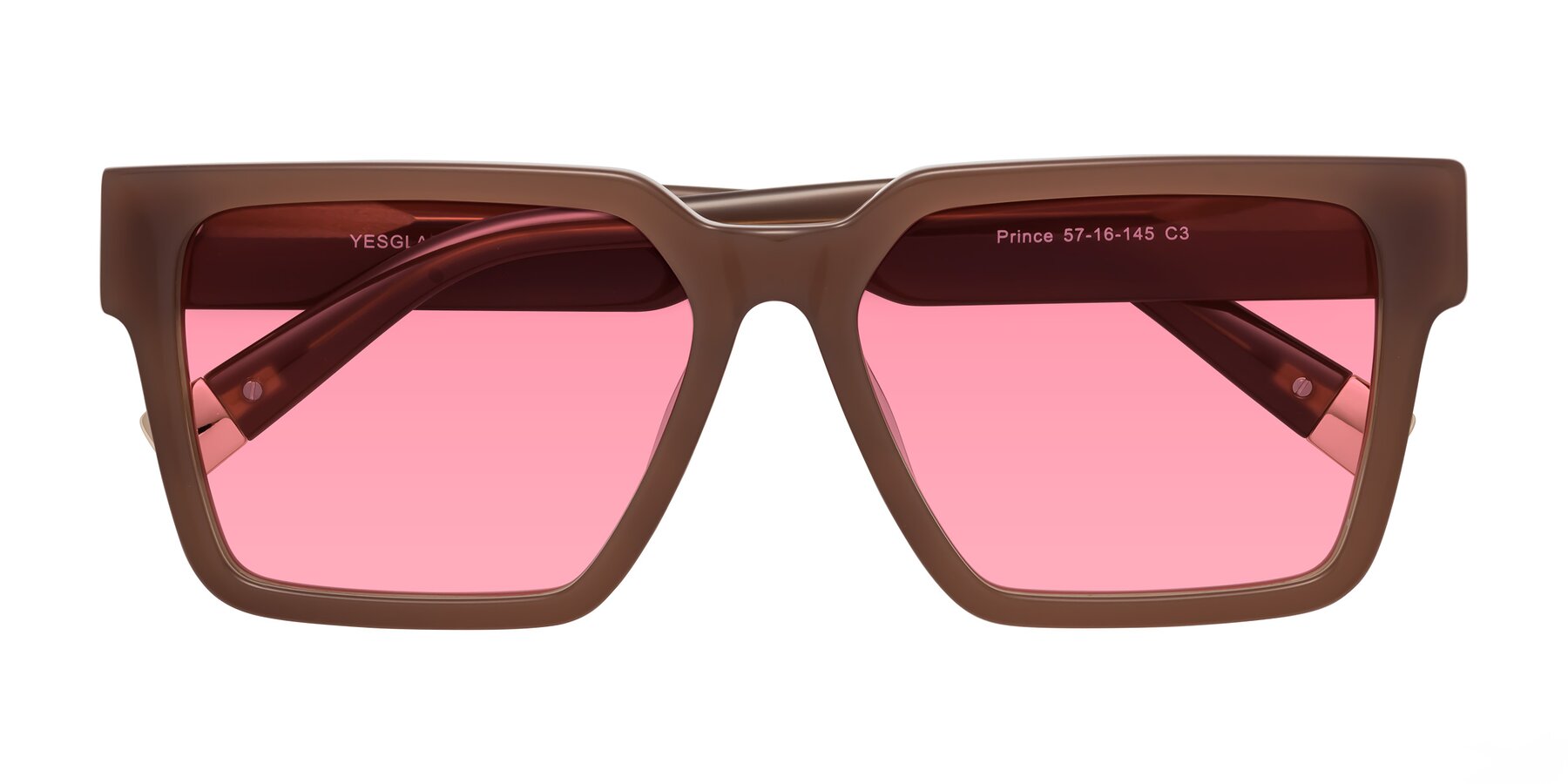 Folded Front of Prince in Caramel with Pink Tinted Lenses