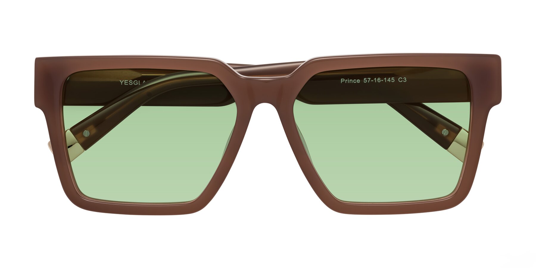 Folded Front of Prince in Caramel with Medium Green Tinted Lenses