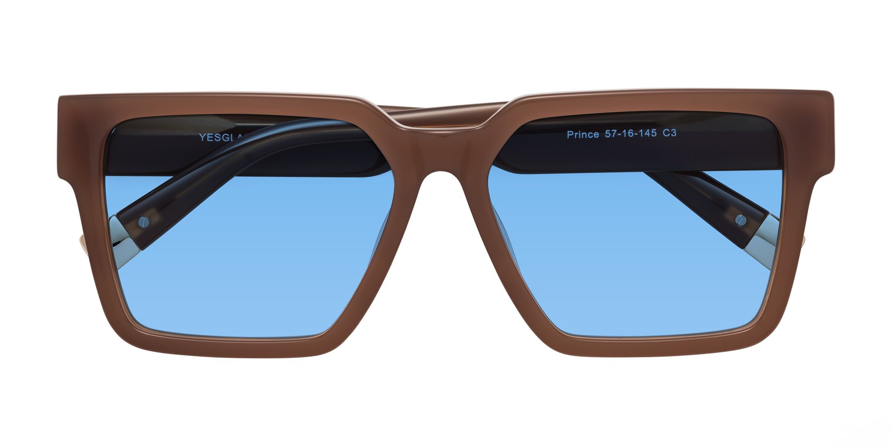 Folded Front of Prince in Caramel with Medium Blue Tinted Lenses