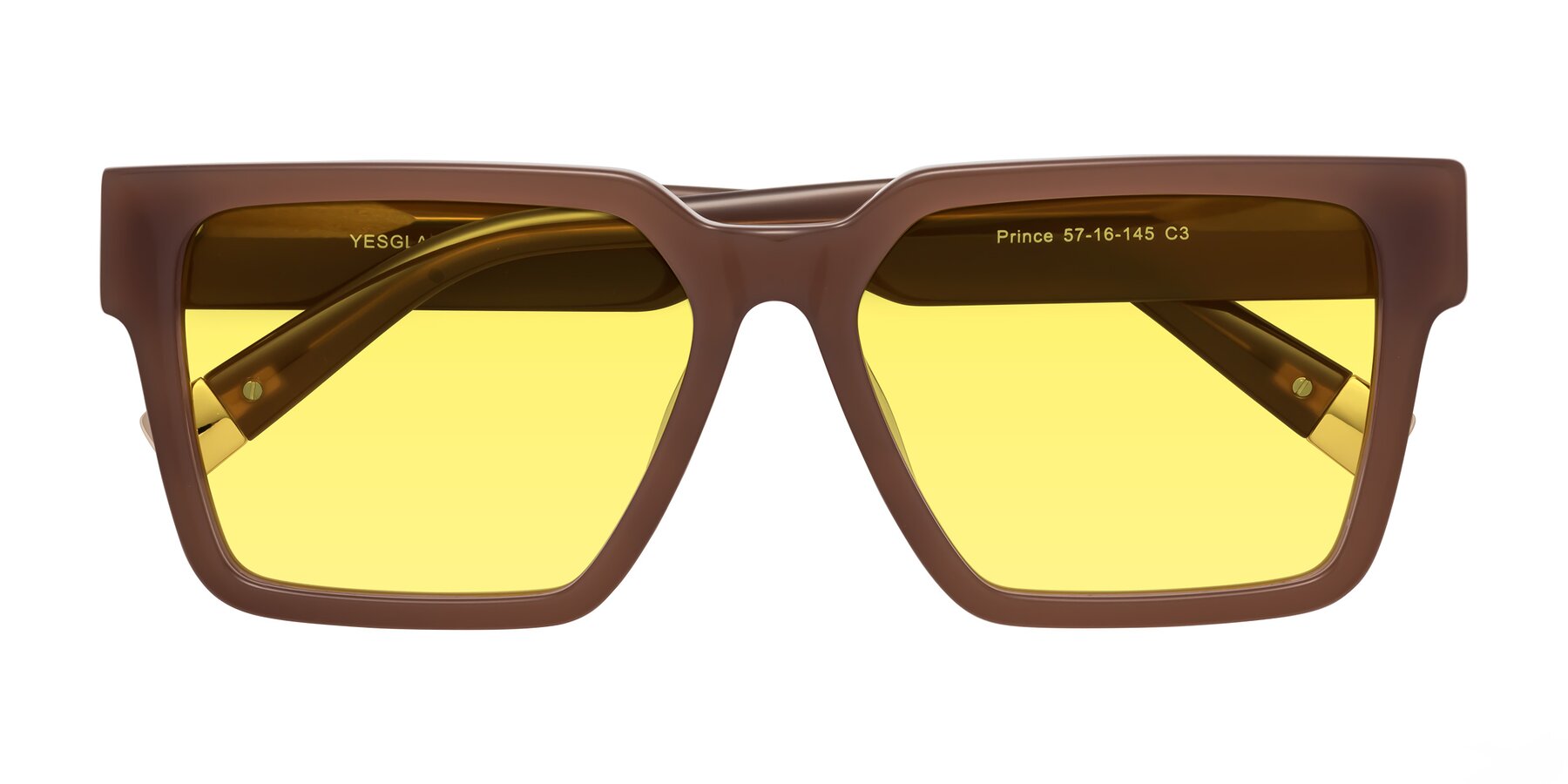 Folded Front of Prince in Caramel with Medium Yellow Tinted Lenses