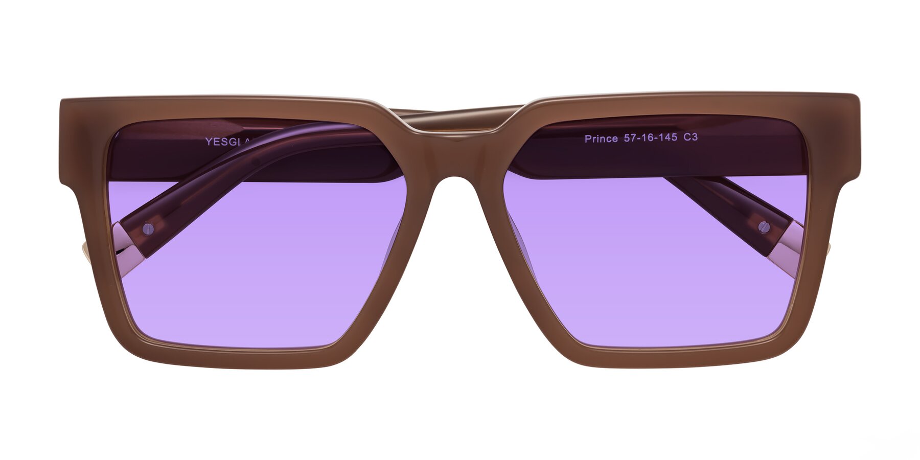 Folded Front of Prince in Caramel with Medium Purple Tinted Lenses