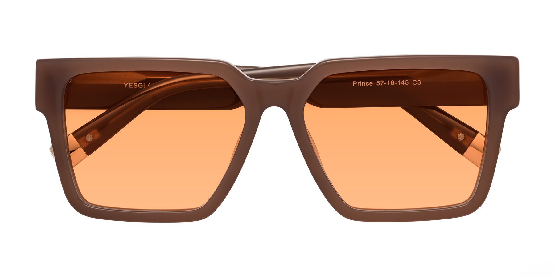 Folded Front of Prince in Caramel with Medium Orange Tinted Lenses