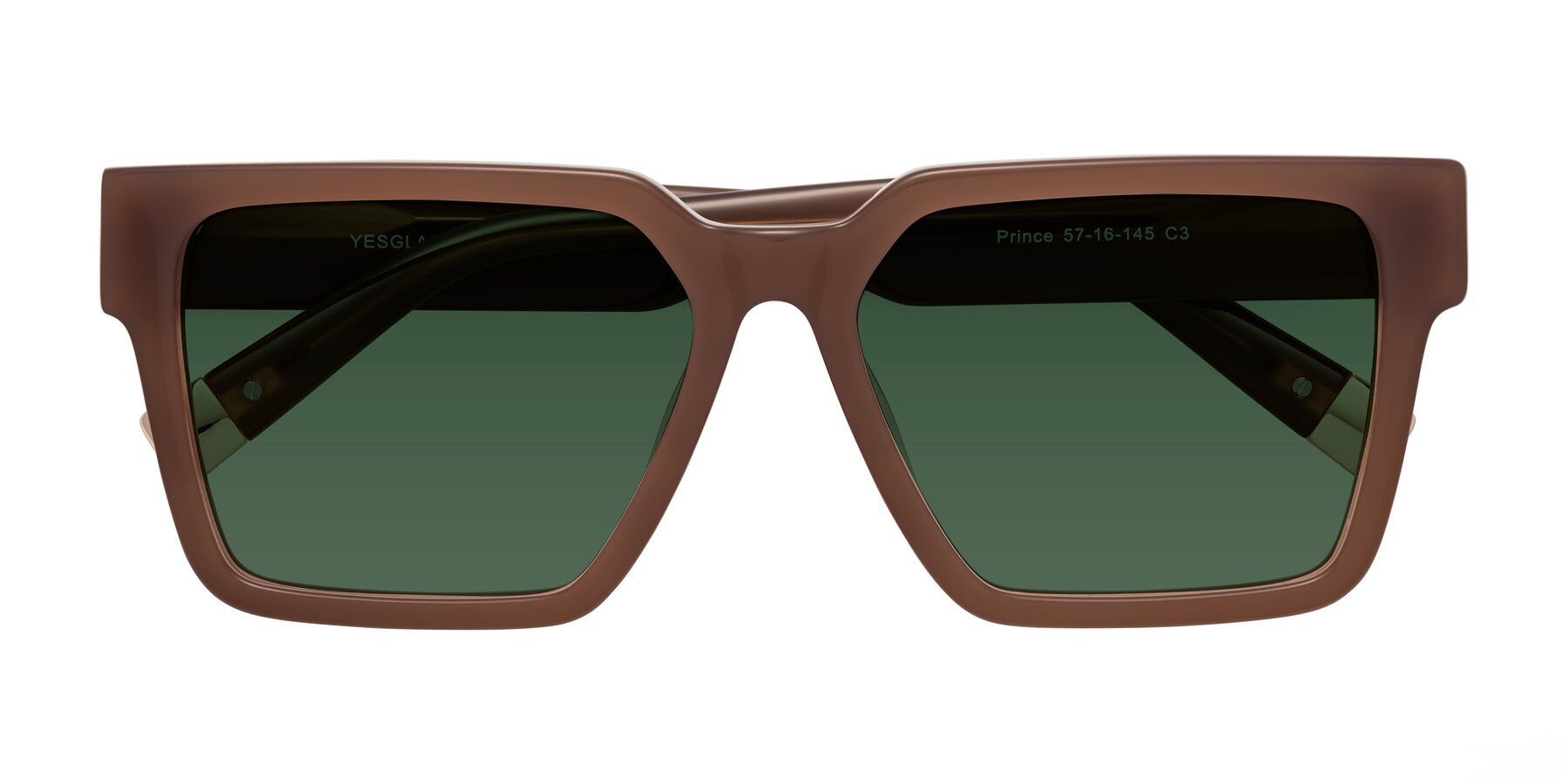 Folded Front of Prince in Caramel with Green Tinted Lenses