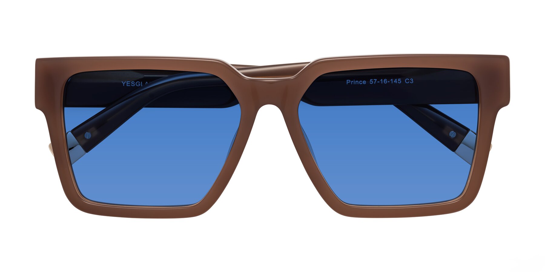 Folded Front of Prince in Caramel with Blue Tinted Lenses