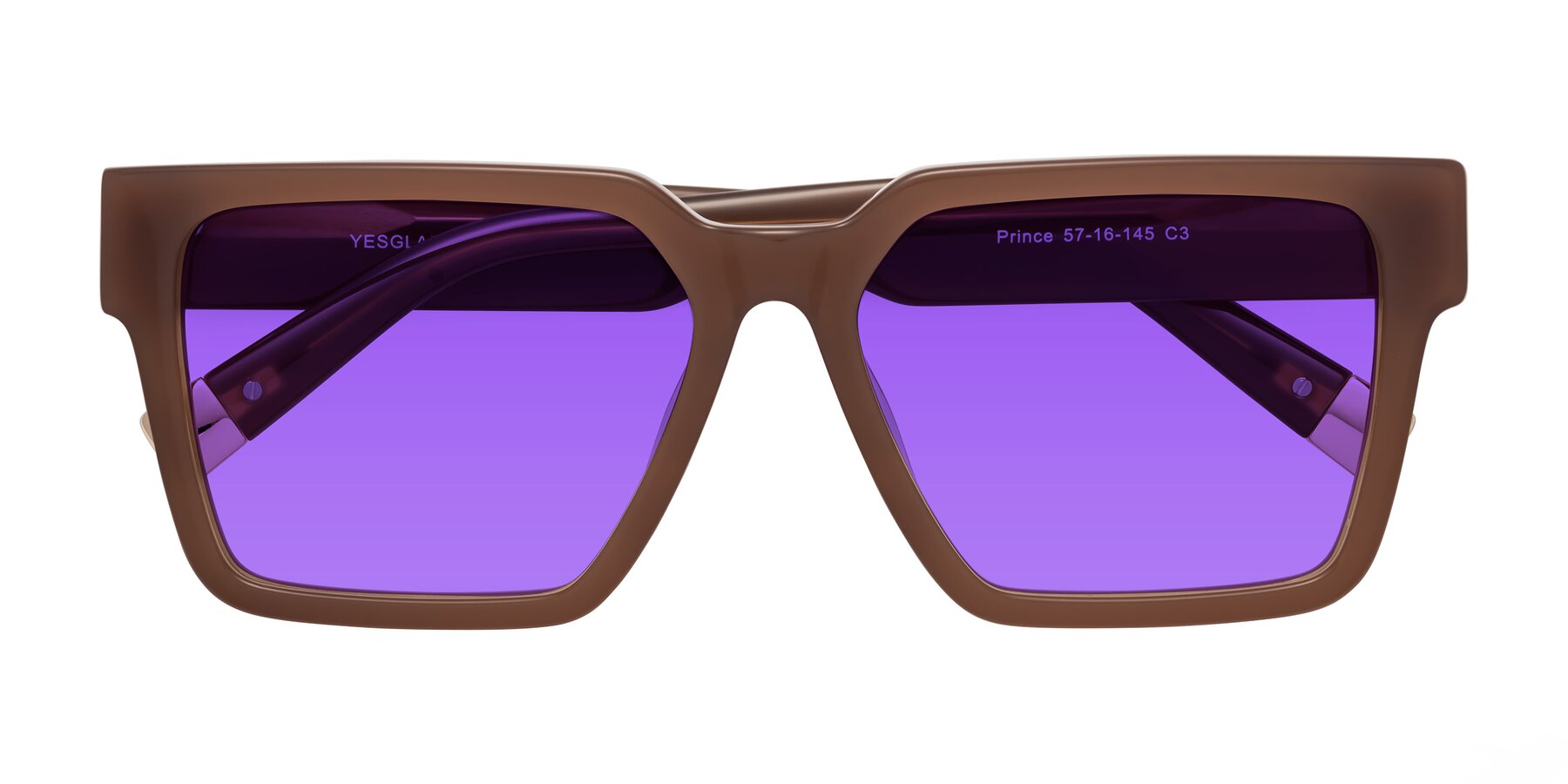 Folded Front of Prince in Caramel with Purple Tinted Lenses