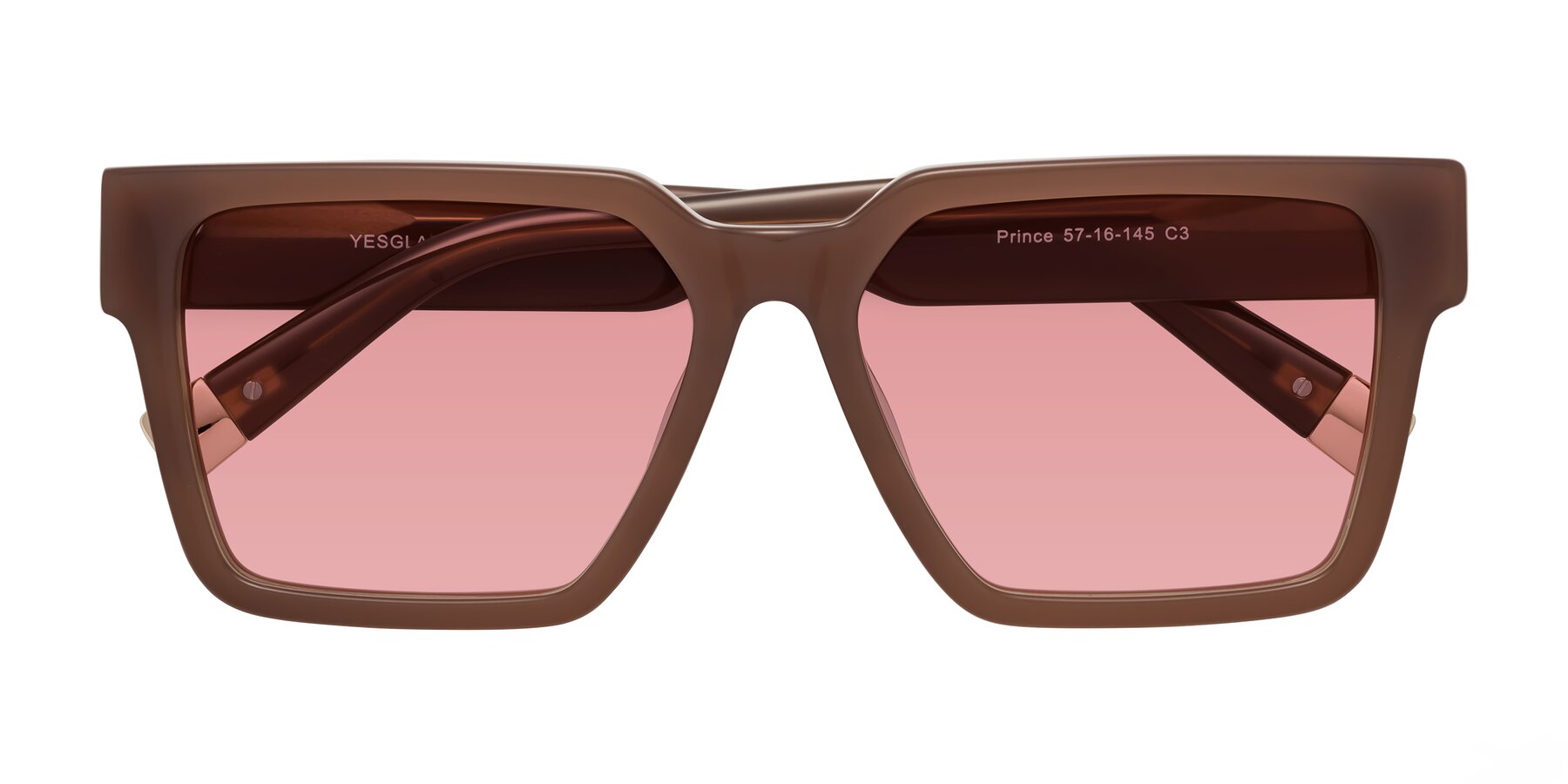 Folded Front of Prince in Caramel with Medium Garnet Tinted Lenses