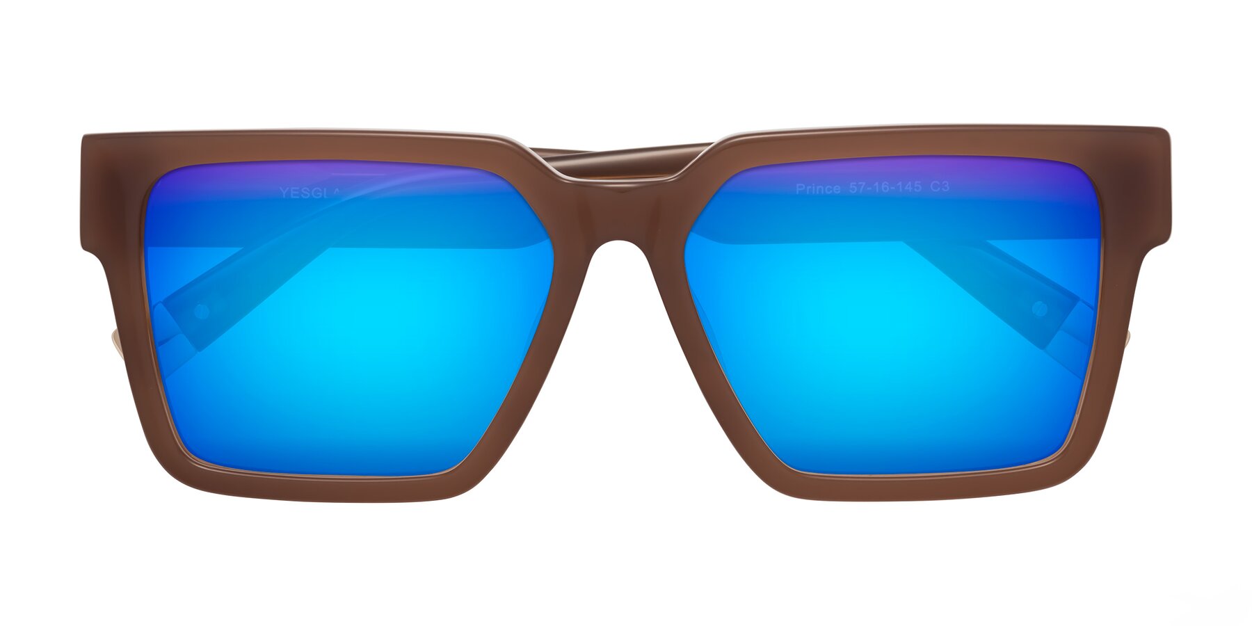 Folded Front of Prince in Caramel with Blue Mirrored Lenses