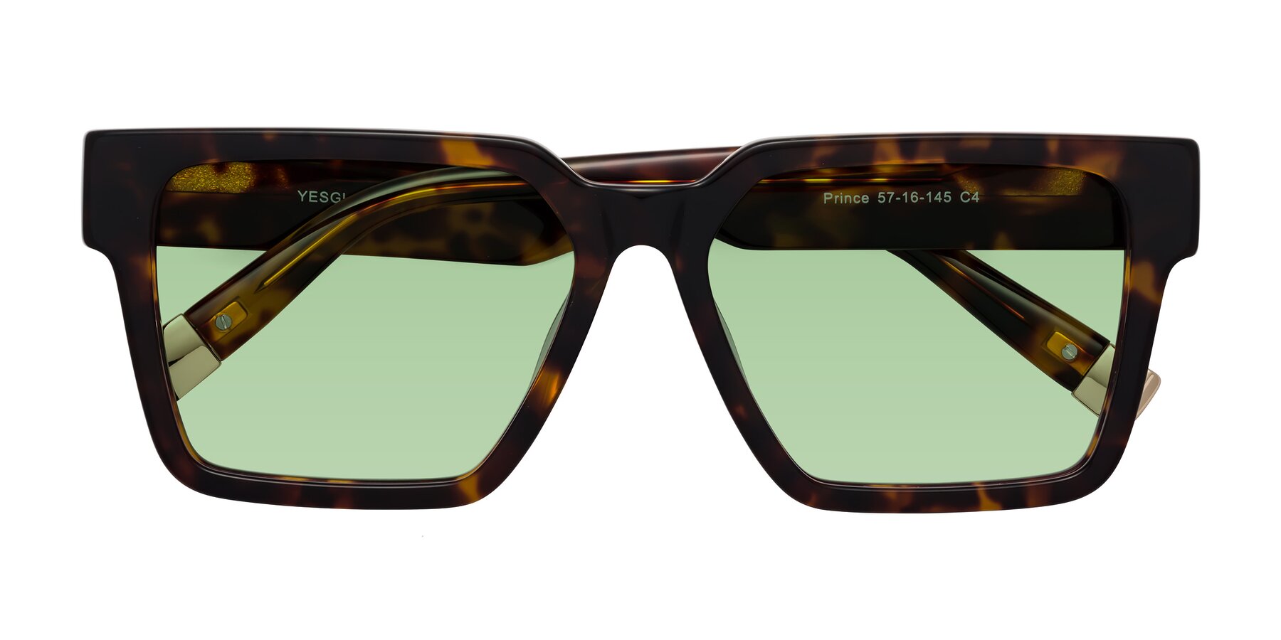 Folded Front of Prince in Tortoise with Medium Green Tinted Lenses