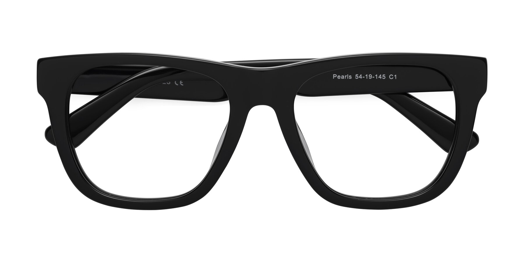 Folded Front of Pearls in Black with Clear Reading Eyeglass Lenses