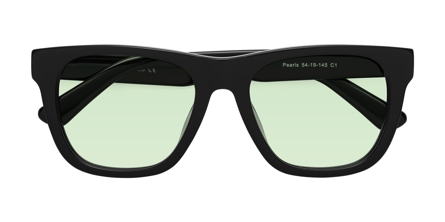 Folded Front of Pearls in Black with Light Green Tinted Lenses