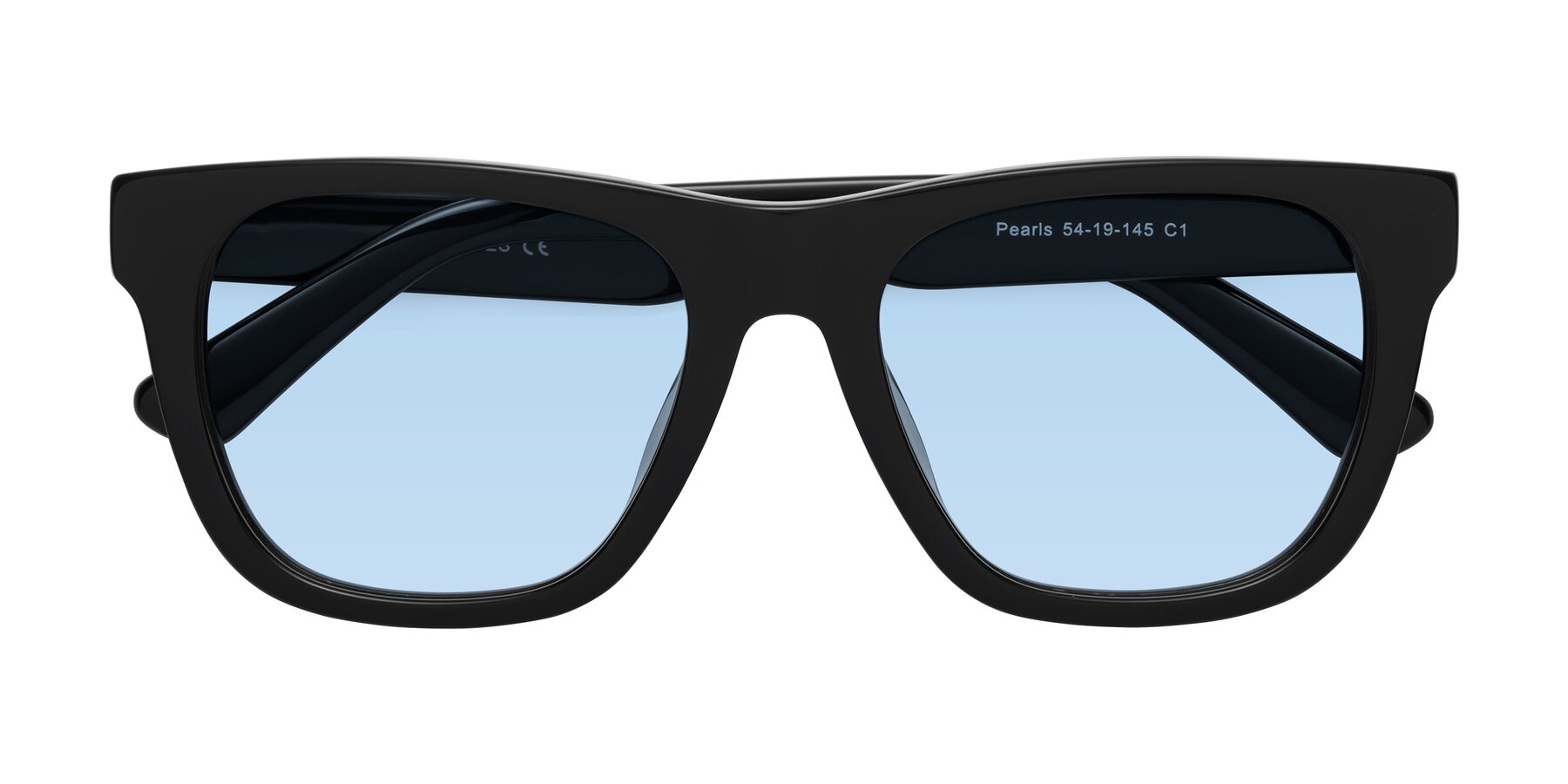 Folded Front of Pearls in Black with Light Blue Tinted Lenses