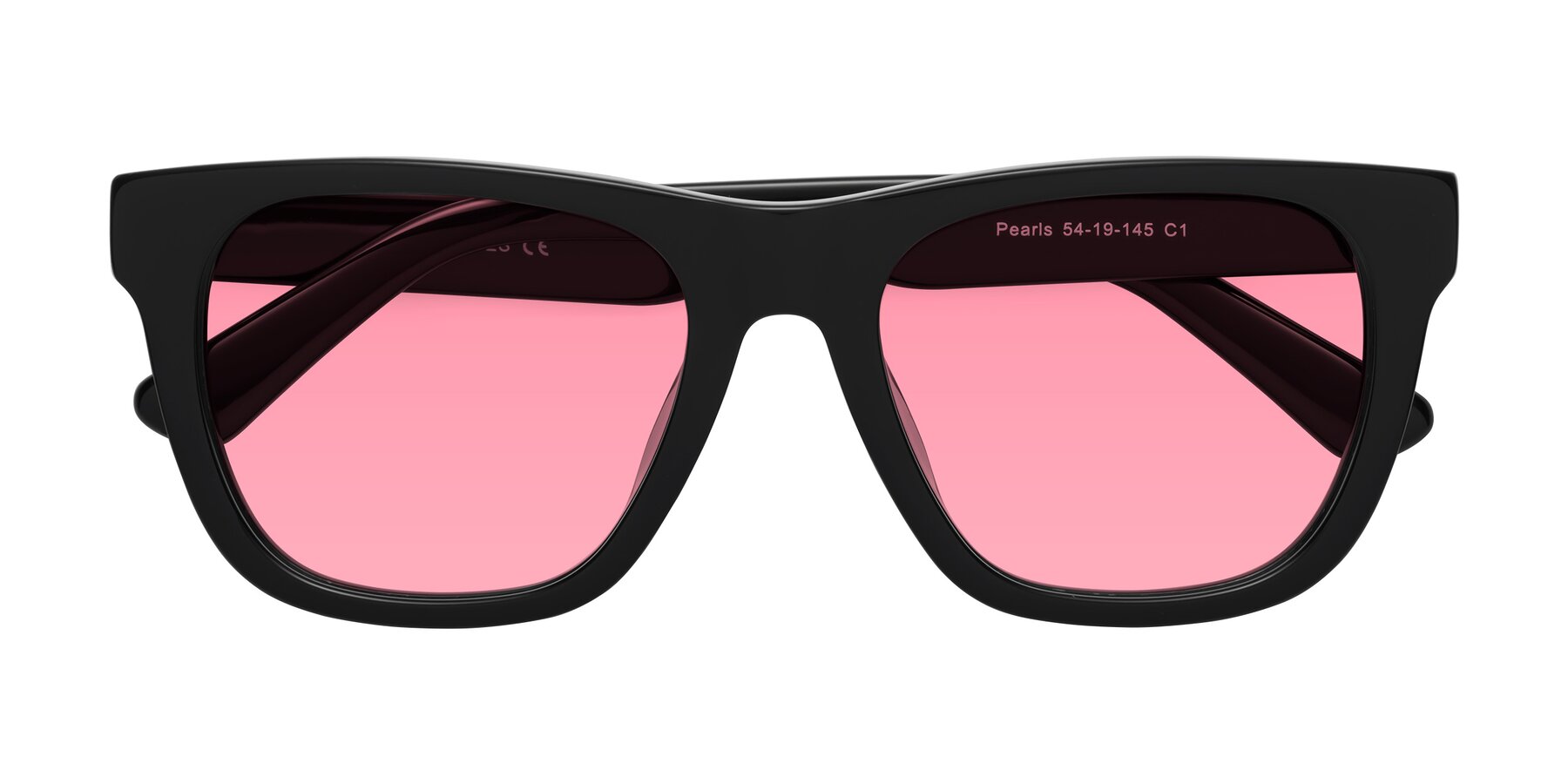 Folded Front of Pearls in Black with Pink Tinted Lenses