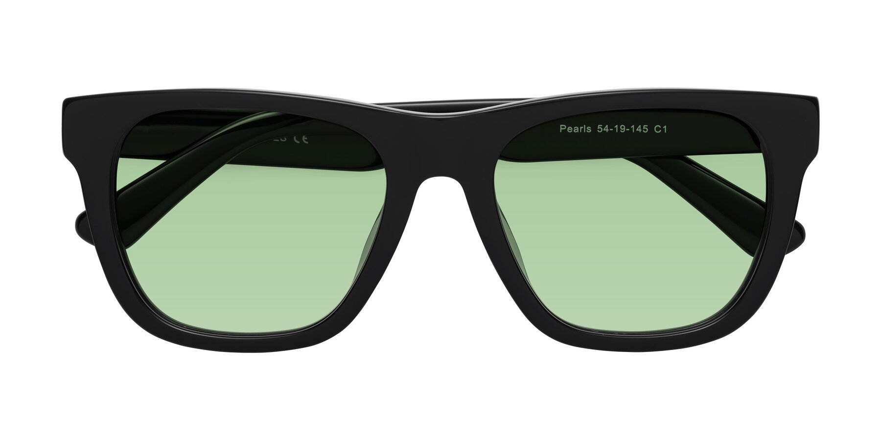 Folded Front of Pearls in Black with Medium Green Tinted Lenses