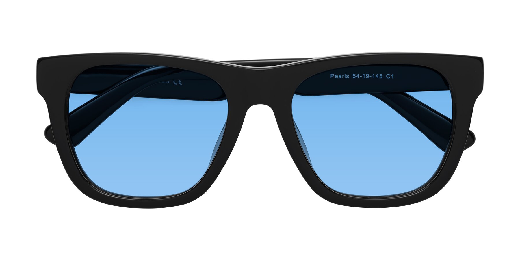 Folded Front of Pearls in Black with Medium Blue Tinted Lenses