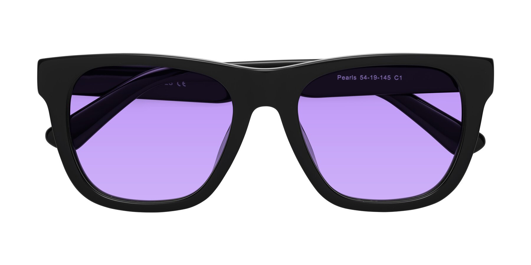 Folded Front of Pearls in Black with Medium Purple Tinted Lenses