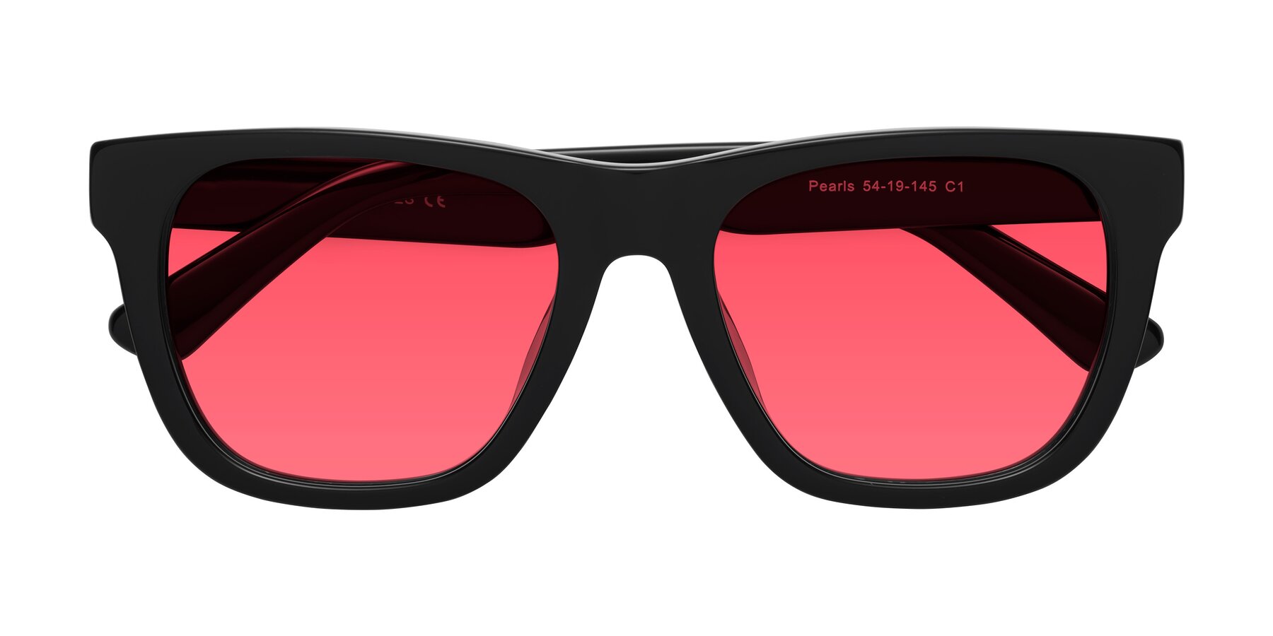 Folded Front of Pearls in Black with Red Tinted Lenses