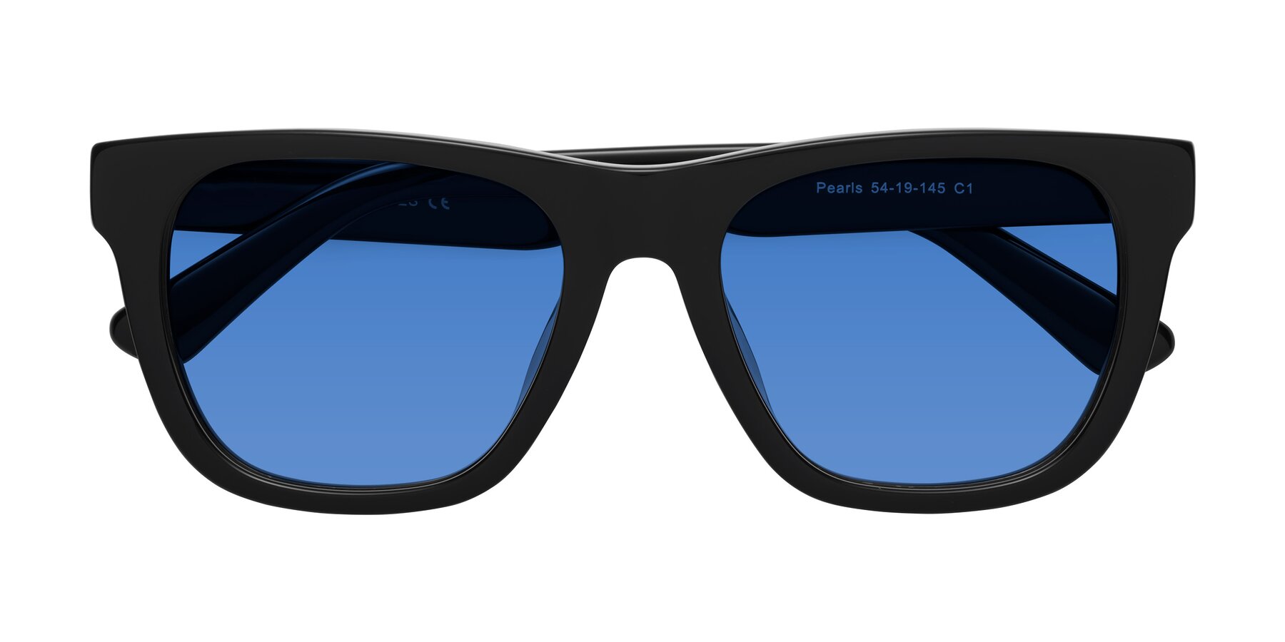 Folded Front of Pearls in Black with Blue Tinted Lenses