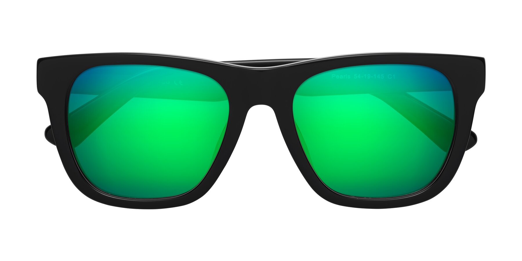 Folded Front of Pearls in Black with Green Mirrored Lenses