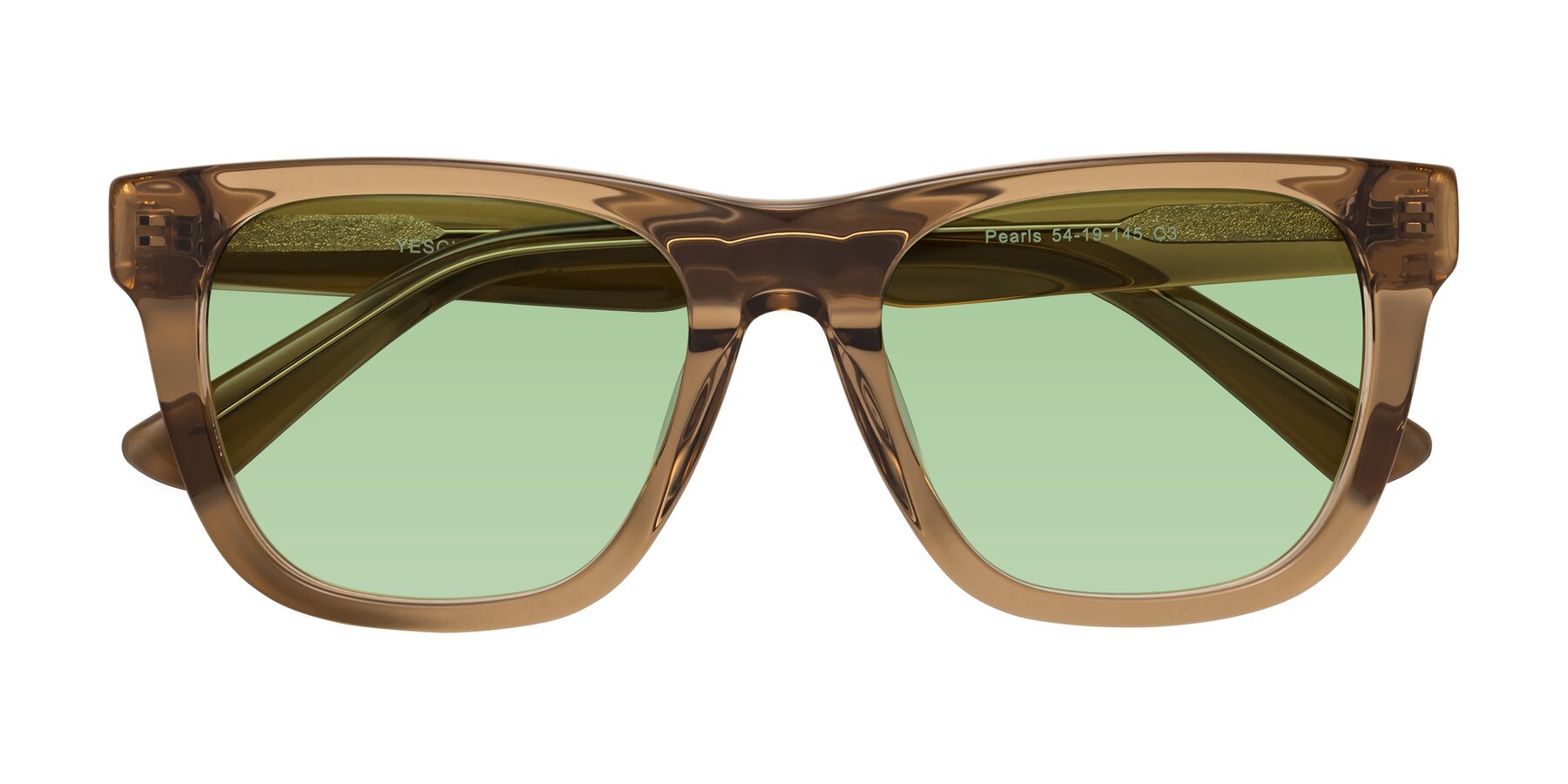 Folded Front of Pearls in Light Brown with Medium Green Tinted Lenses