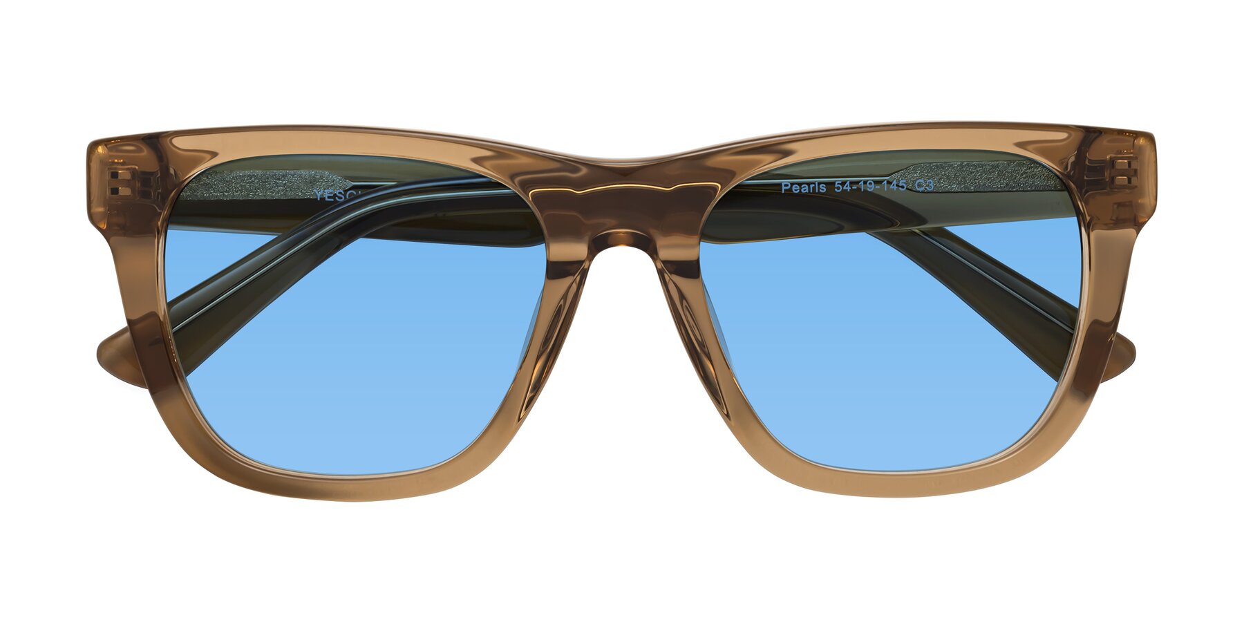 Folded Front of Pearls in Light Brown with Medium Blue Tinted Lenses