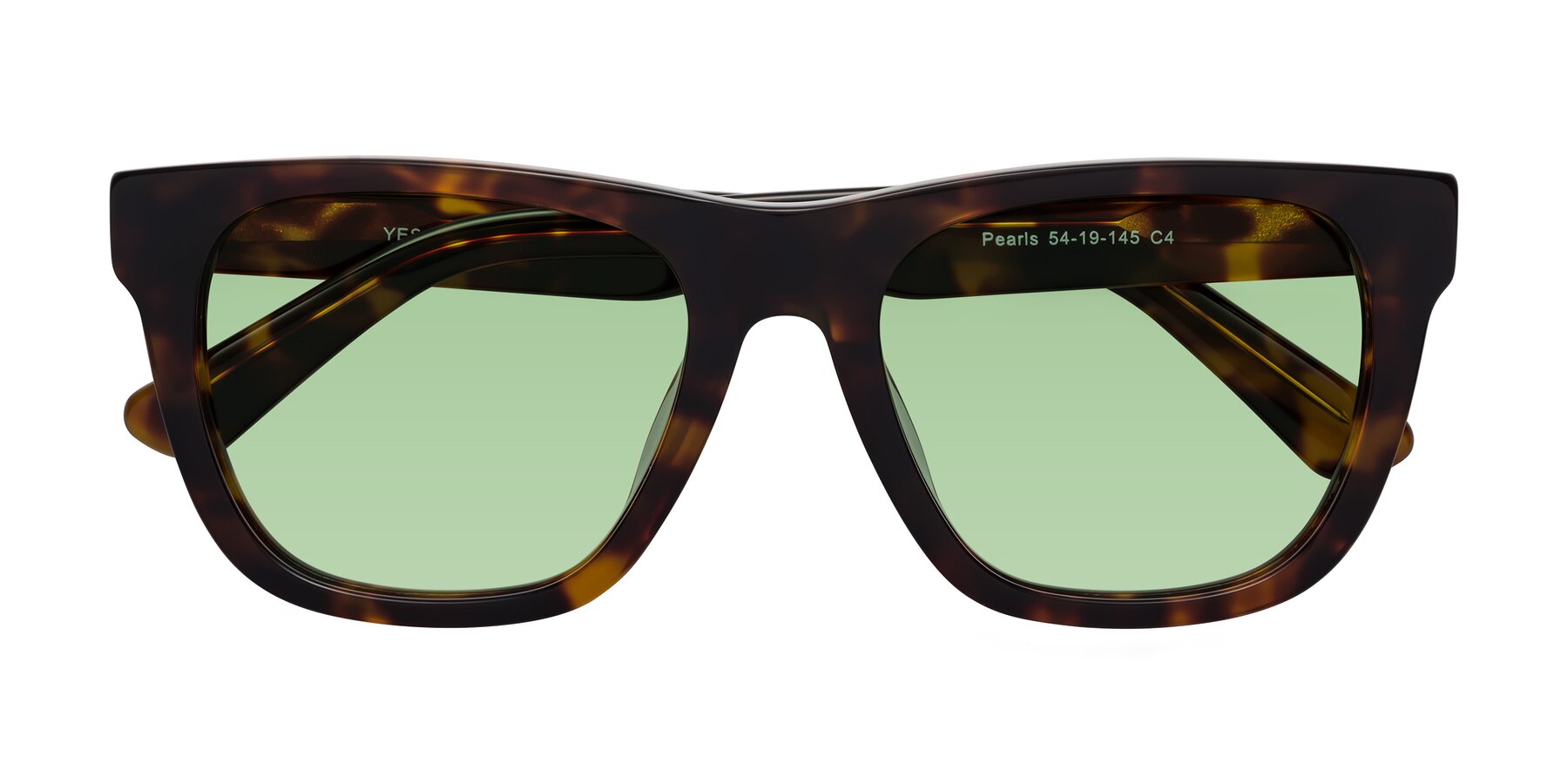 Folded Front of Pearls in Tortoise with Medium Green Tinted Lenses