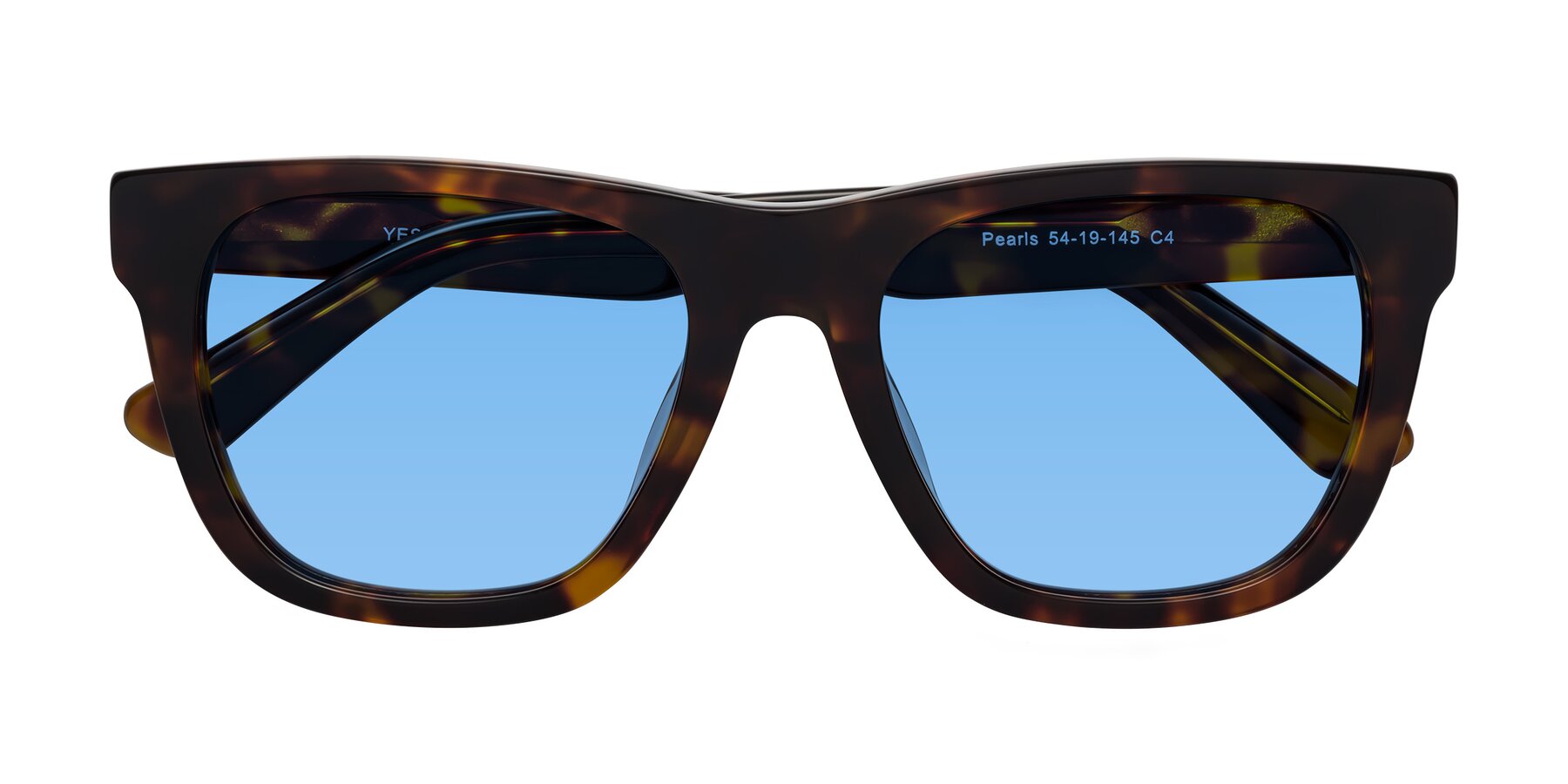 Folded Front of Pearls in Tortoise with Medium Blue Tinted Lenses