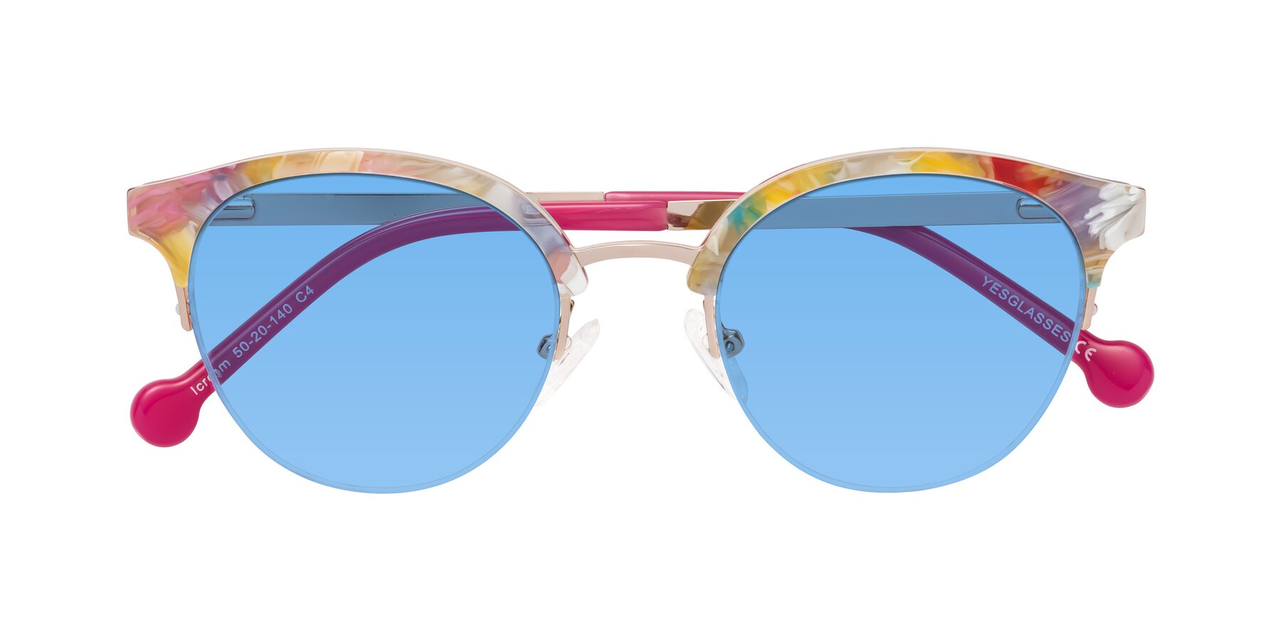 Folded Front of Icream in Fruit-Rose Gold with Medium Blue Tinted Lenses