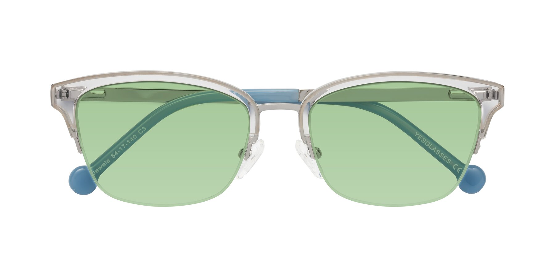 Folded Front of Jewels in Clear-Silver with Medium Green Tinted Lenses