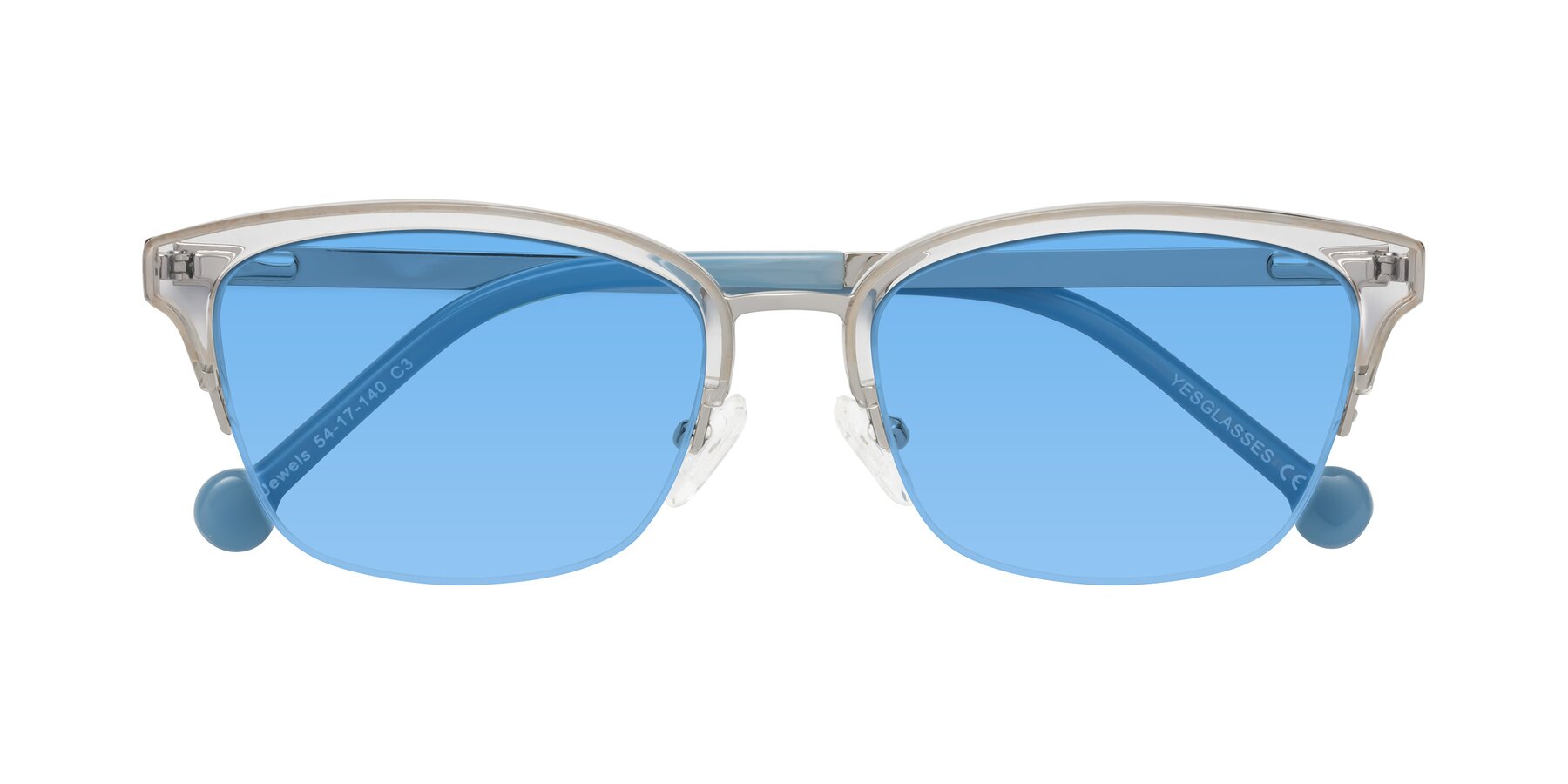 Folded Front of Jewels in Clear-Silver with Medium Blue Tinted Lenses