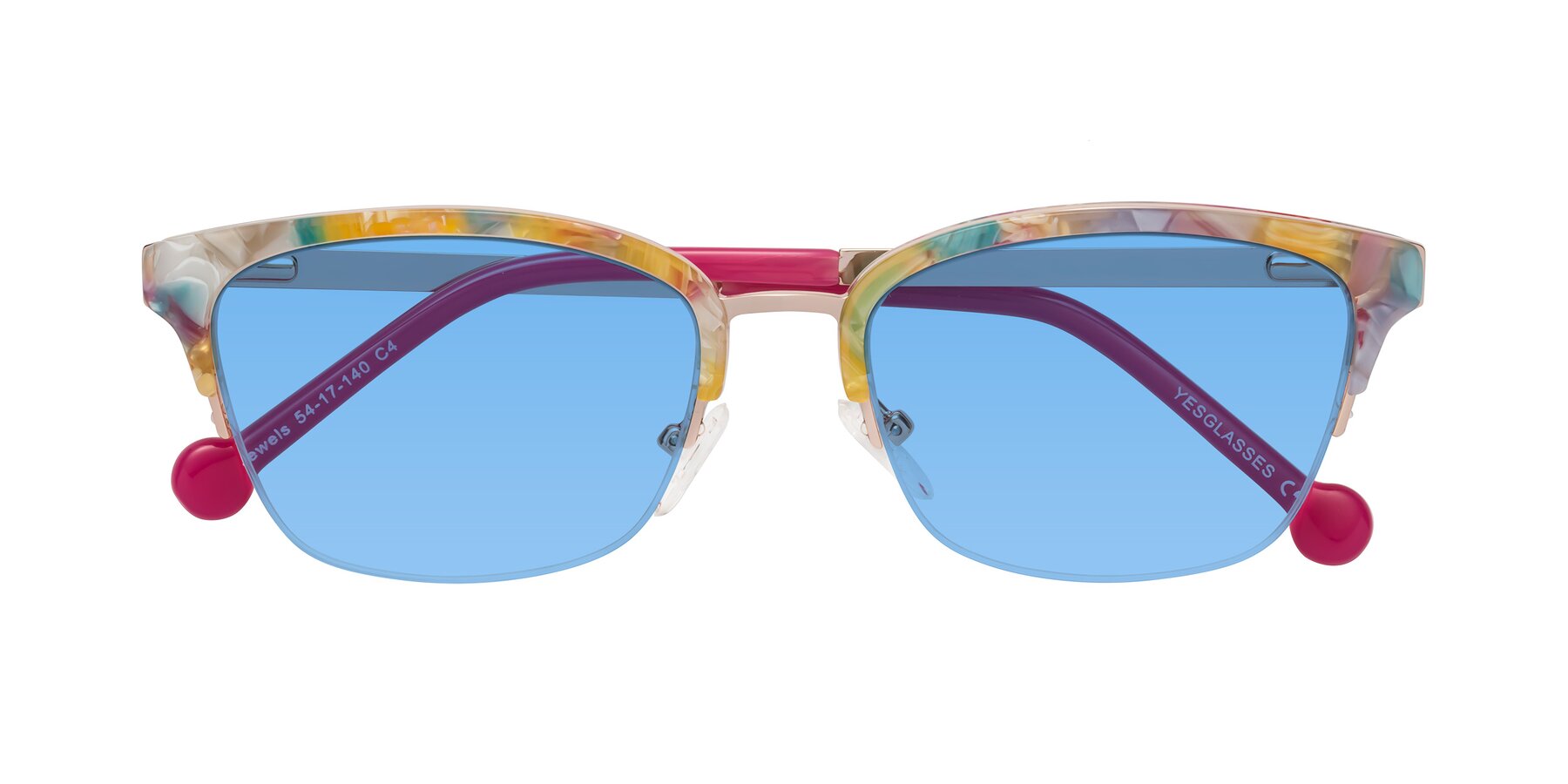 Folded Front of Jewels in Fruit-Rose Gold with Medium Blue Tinted Lenses