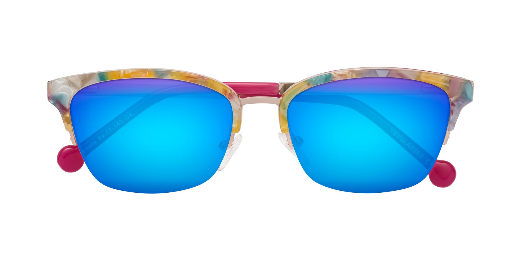 Folded Front of Jewels in Fruit-Rose Gold with Blue Mirrored Lenses