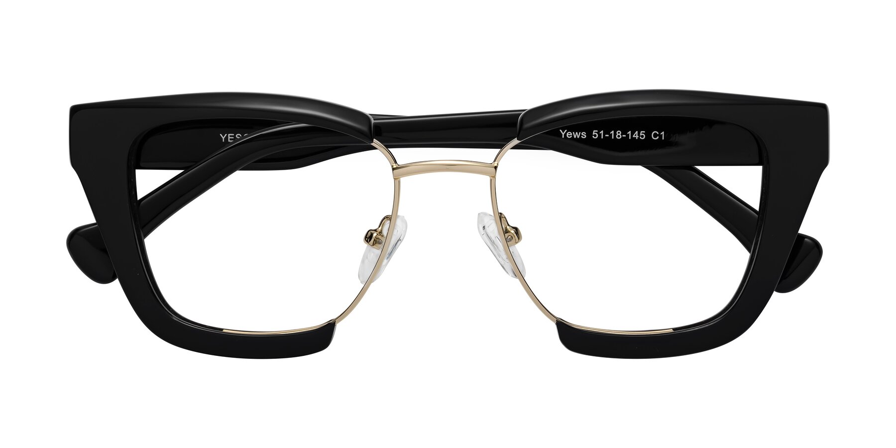 Folded Front of Yews in Black-Gold with Clear Reading Eyeglass Lenses