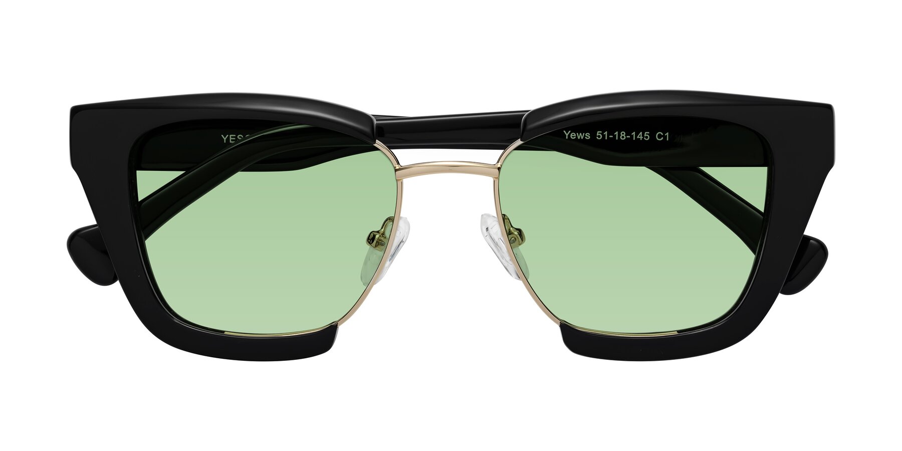 Folded Front of Yews in Black-Gold with Medium Green Tinted Lenses