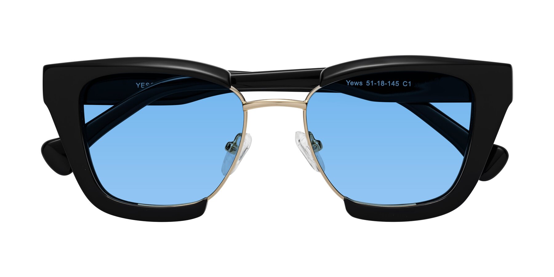 Folded Front of Yews in Black-Gold with Medium Blue Tinted Lenses