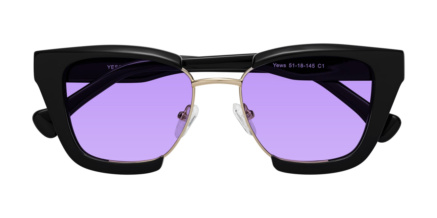 Folded Front of Yews in Black-Gold with Medium Purple Tinted Lenses