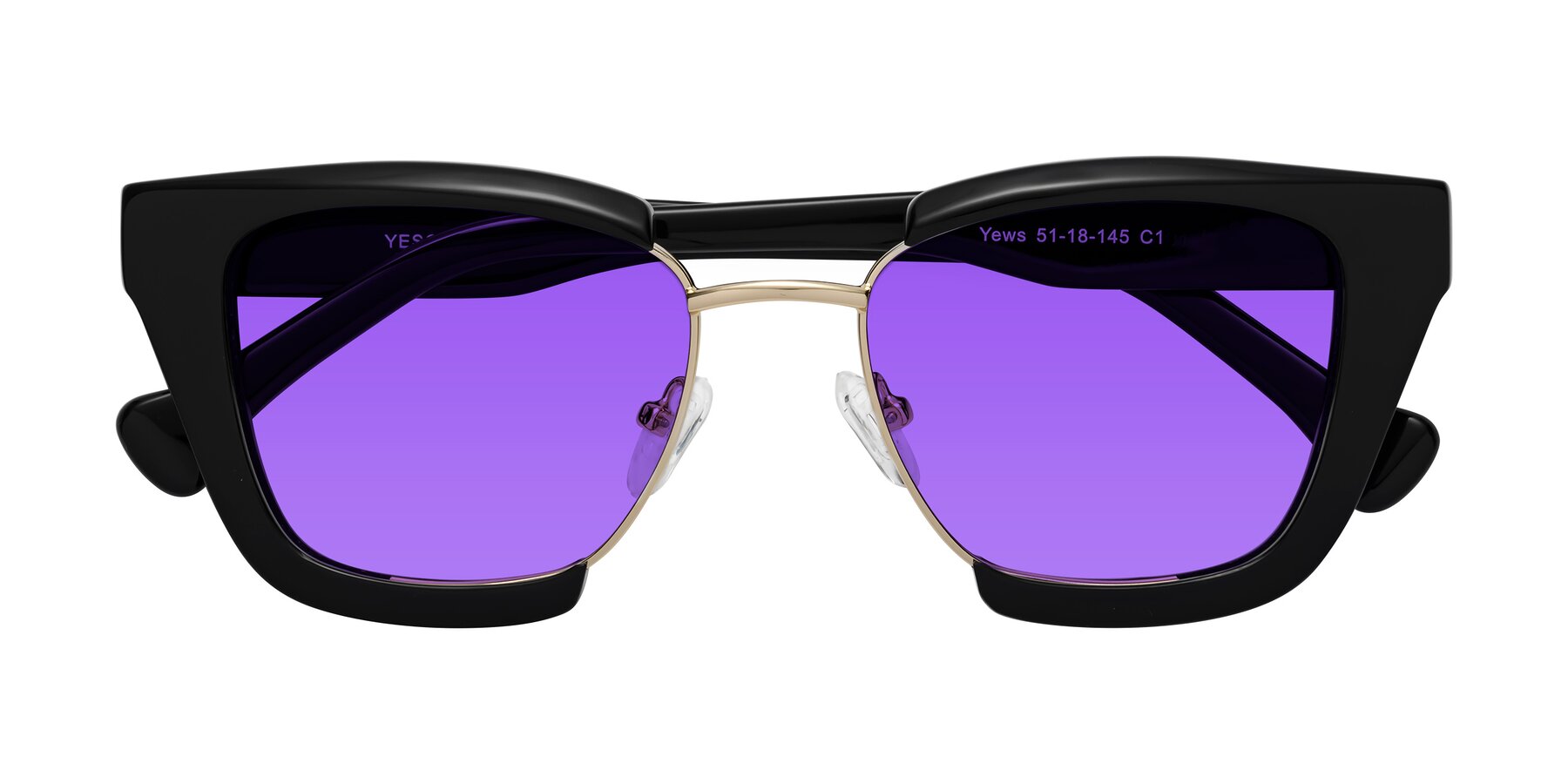 Folded Front of Yews in Black-Gold with Purple Tinted Lenses