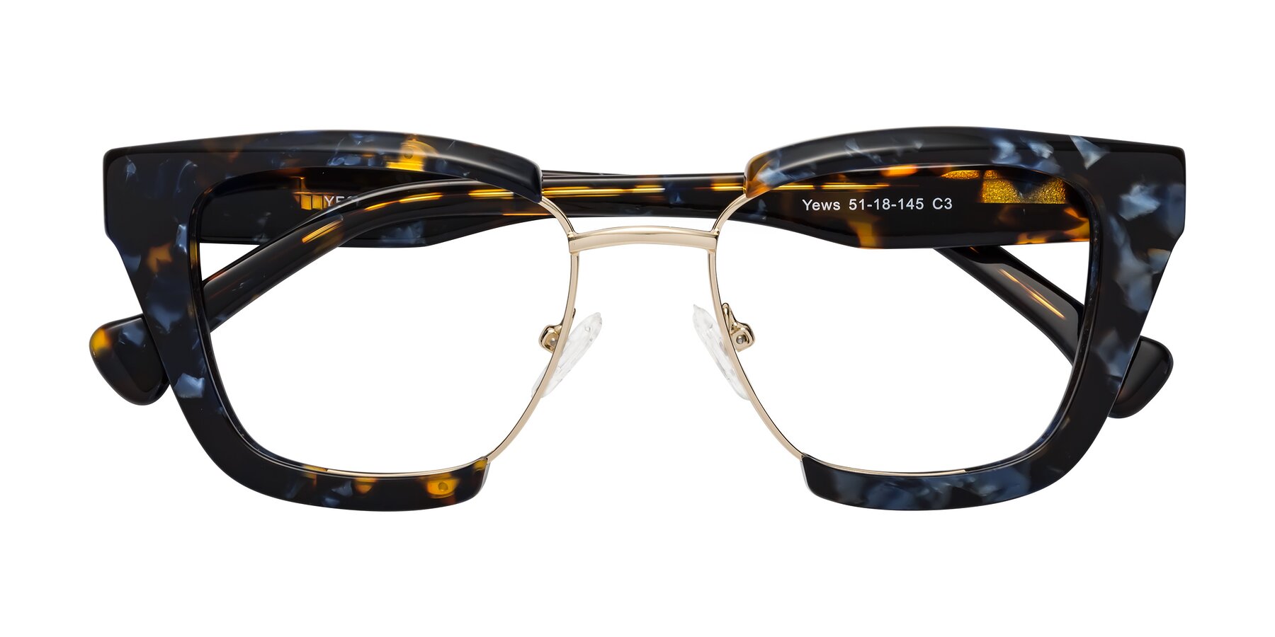 Folded Front of Yews in Blueberry Tortoise-Gold with Clear Eyeglass Lenses