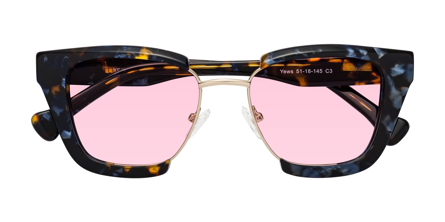 Folded Front of Yews in Blueberry Tortoise-Gold with Light Pink Tinted Lenses