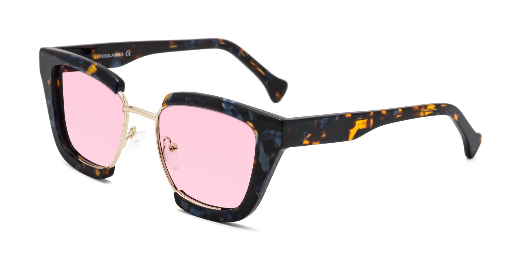 Angle of Yews in Blueberry Tortoise-Gold with Light Pink Tinted Lenses